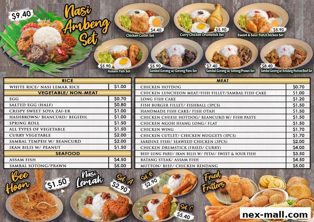 A menu displaying various sets and side dishes with prices.