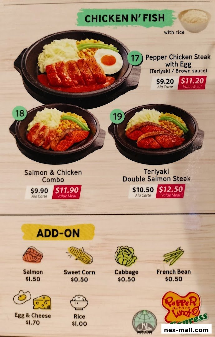 A menu display for Pepper Lunch Express featuring chicken and fish dishes, combos, and add-ons.