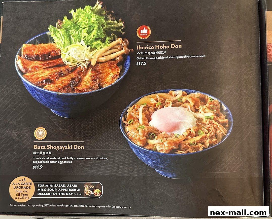 A menu featuring two Japanese rice bowls: Iberico Hoho Don and Buta Shogayaki Don.
