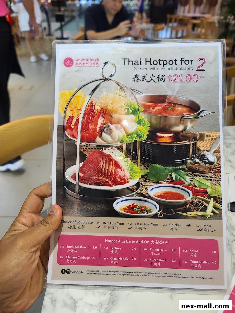 A menu for Thai Hotpot for 2, featuring a platter of seafood and meat, with soup base options and a la carte add-ons.