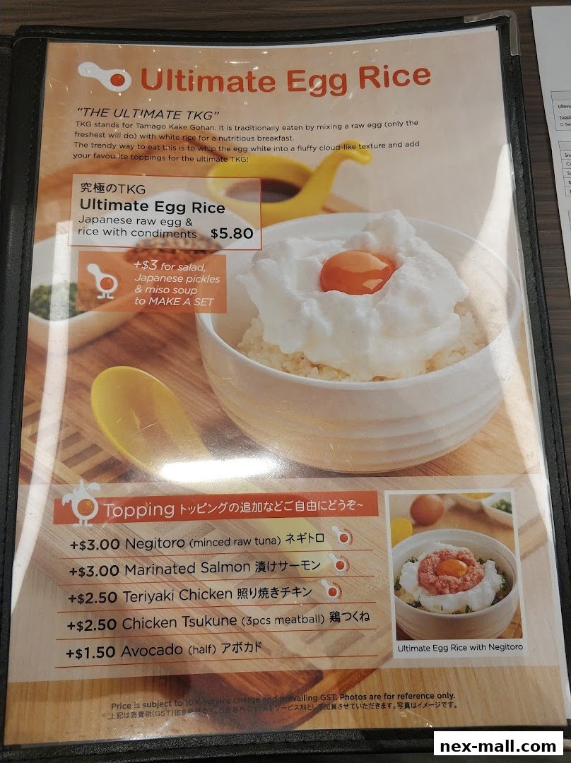 A menu page showcasing the Ultimate Egg Rice with various topping options and prices.