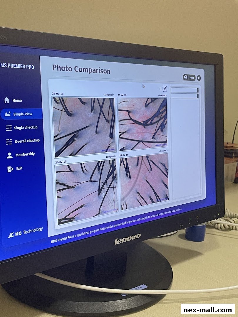 A computer screen displaying a hair analysis comparison with multiple magnified images.
