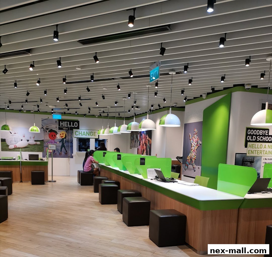 Interior of a modern telecommunications shop with service counters and seating.