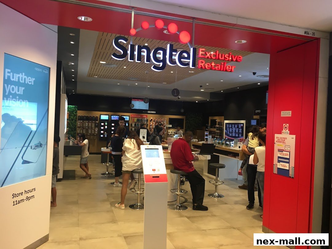 The entrance of a Singtel Exclusive Retailer store with customers inside.