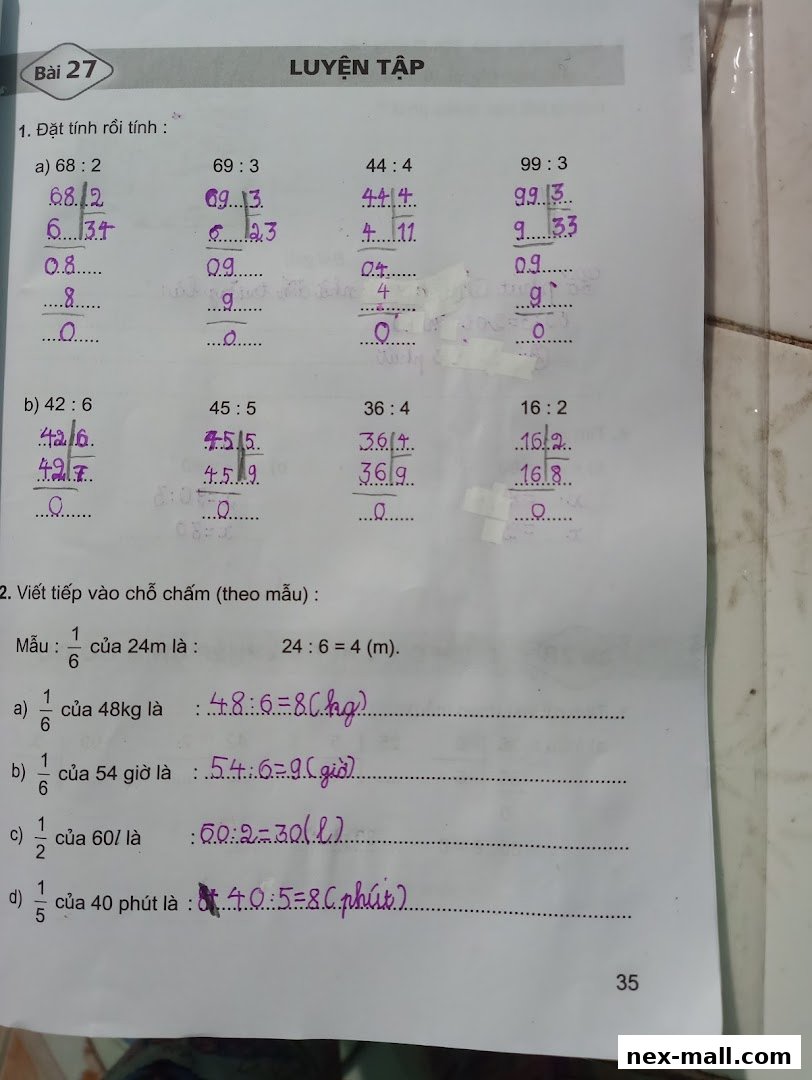 A page from a math workbook with division problems and word problems.