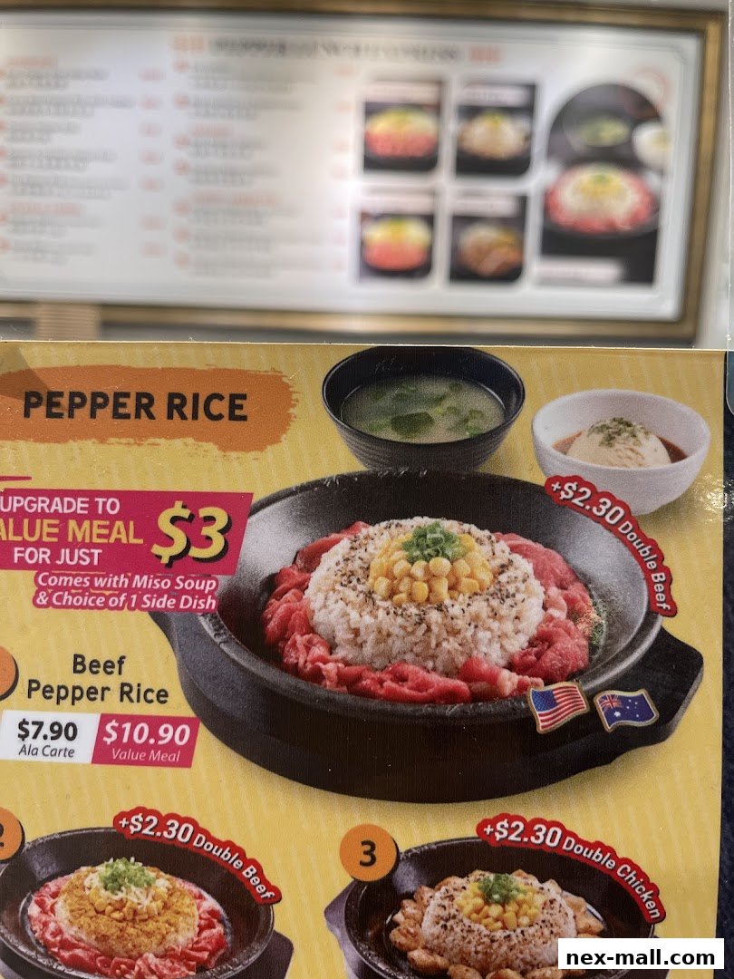 A close-up of a Pepper Lunch Express menu featuring a Beef Pepper Rice meal.