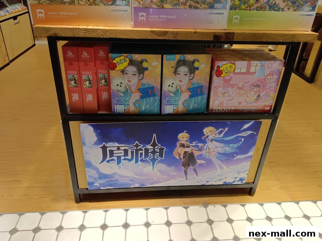 A display shelf filled with various jigsaw puzzles, including anime-themed and traditional designs.