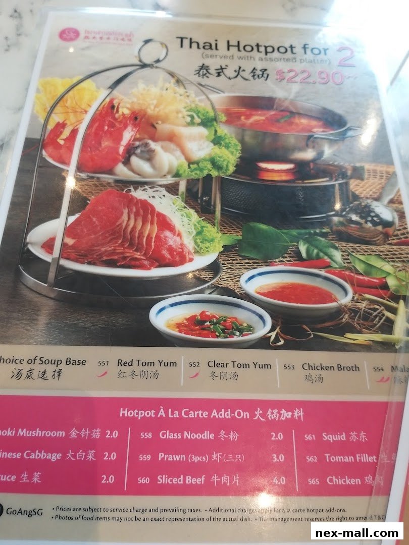 A menu featuring a Thai Hotpot for 2 with assorted platters and a la carte add-ons.
