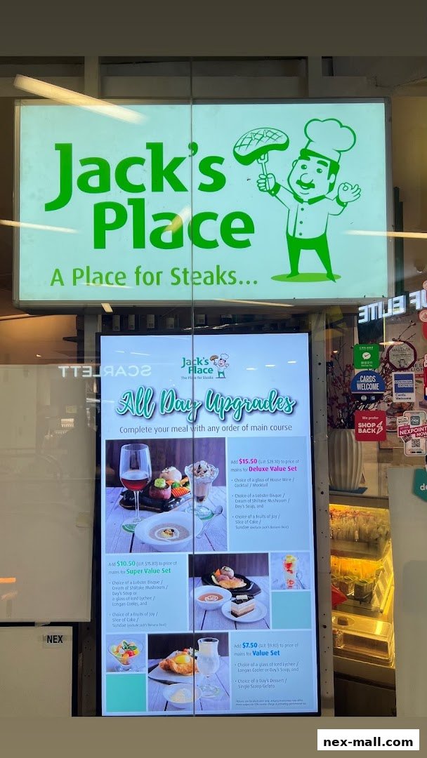 A digital menu board for Jack's Place showcasing 'All Day Upgrades' with various set meal options.