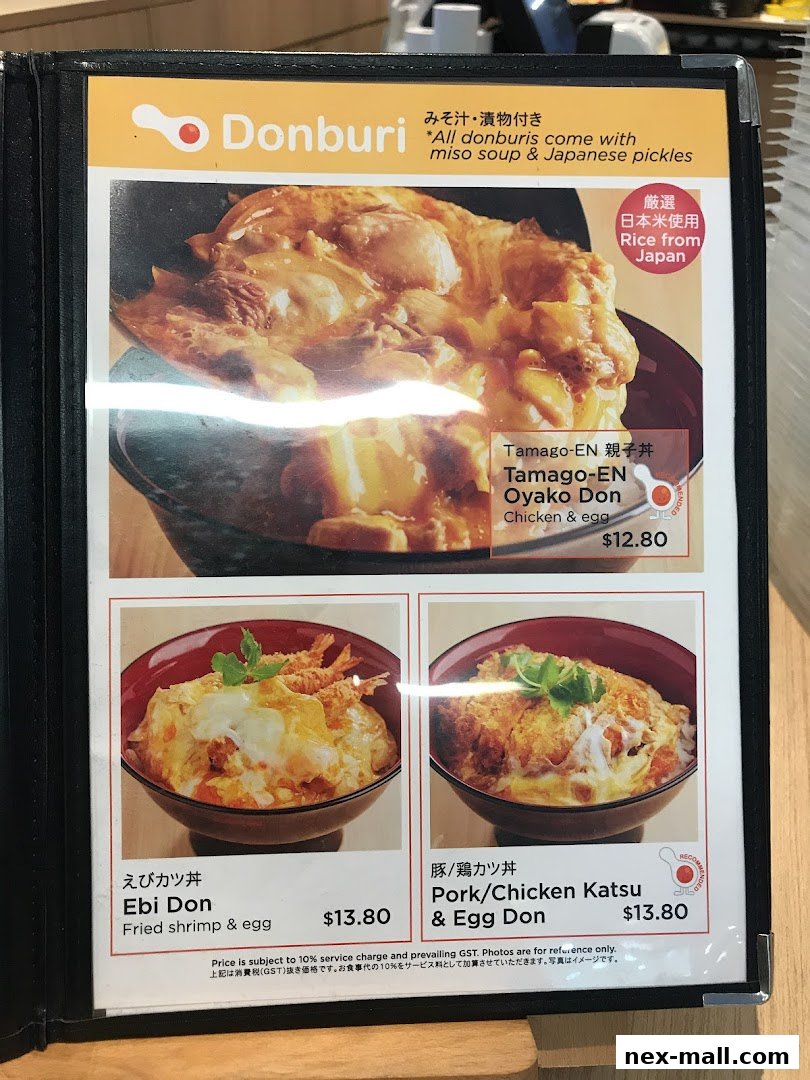 A menu page showcasing three Japanese donburi dishes with prices and descriptions.