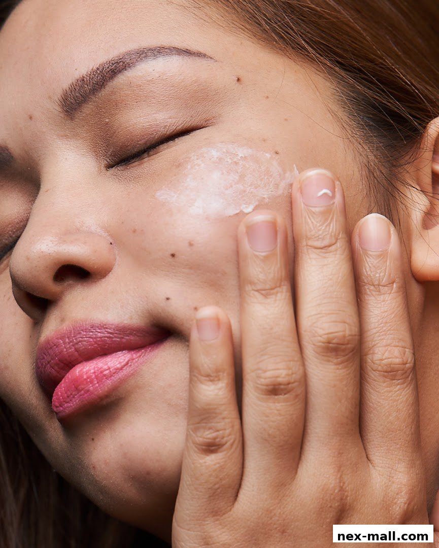 A close-up of a person applying a creamy skincare product to their cheek.