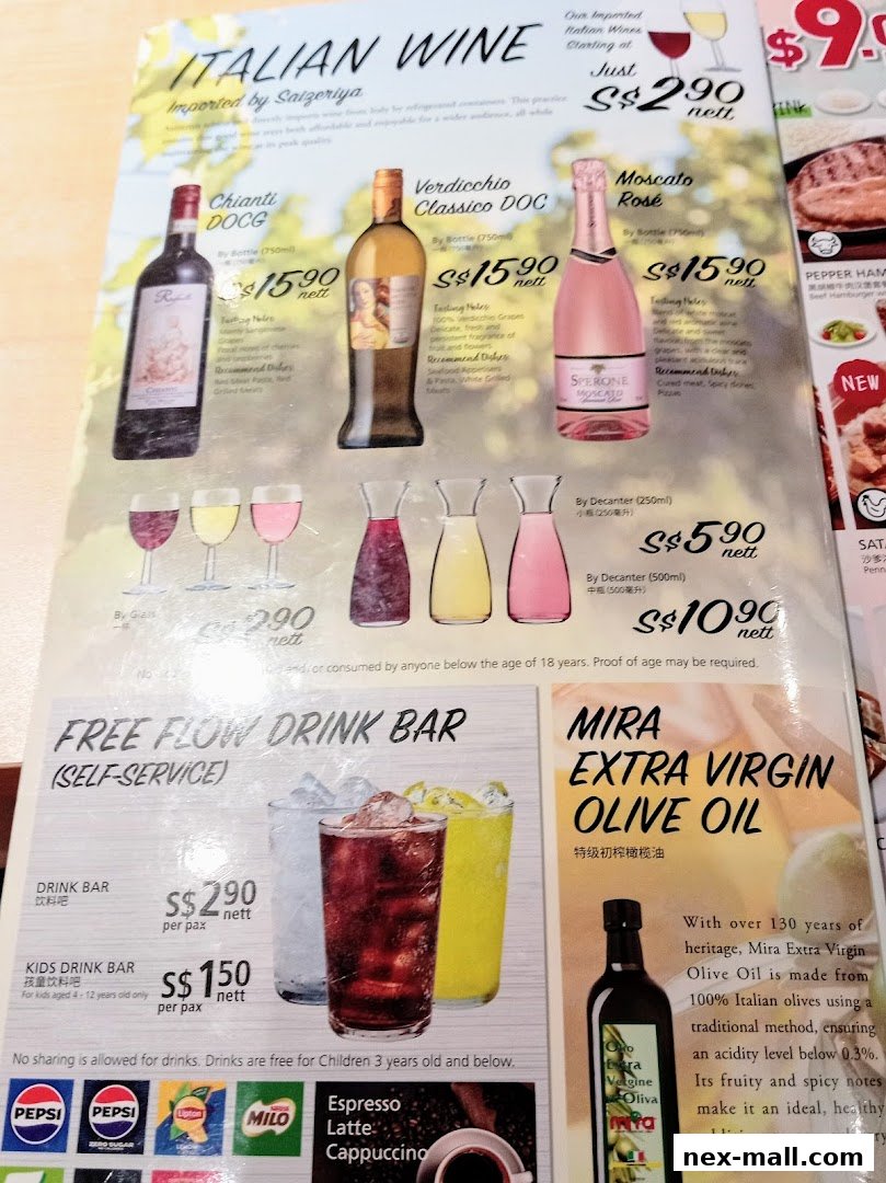 A menu featuring Italian wines, a free-flow drink bar, and Mira Extra Virgin Olive Oil.