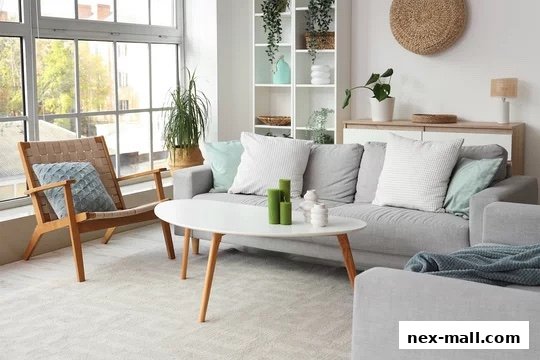 A modern living room setup with a grey sofa, armchair, and coffee table.