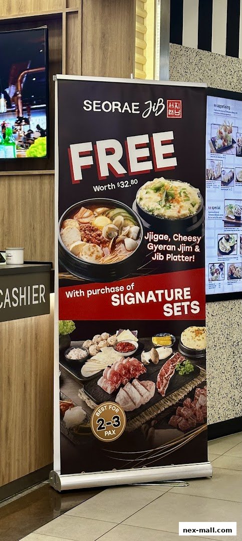 A promotional banner for SEORAE JIB featuring a free Jjigae, Cheesy Gyeran Jjim & Jib Platter with signature set purchases.