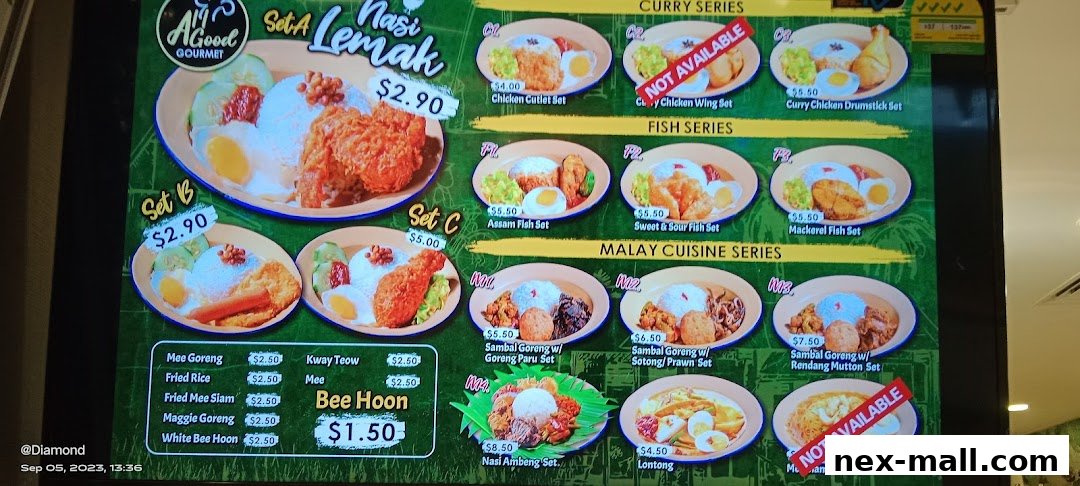 A menu board displaying various sets of Nasi Lemak, Curry Series, Fish Series, and Malay Cuisine.