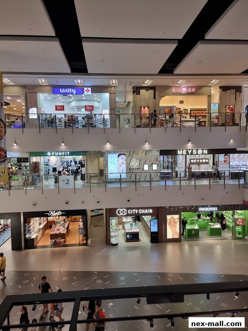 A view of multiple retail shops on different levels of a shopping mall.