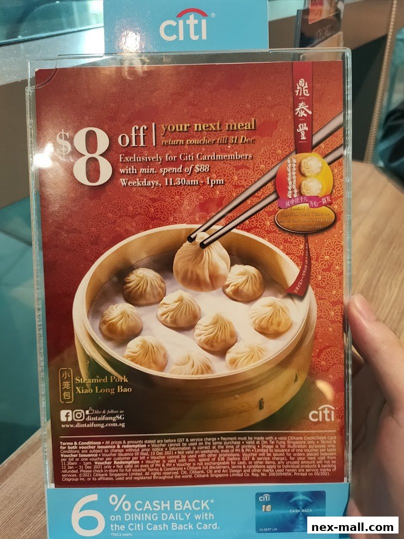 A promotional flyer for Din Tai Fung offering $8 off with a minimum spend for Citi Cardmembers.