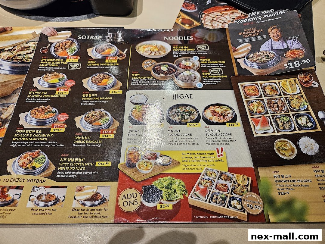 A menu featuring Korean dishes like SOTBAP, NOODLES, and JJIGAE with prices and descriptions.