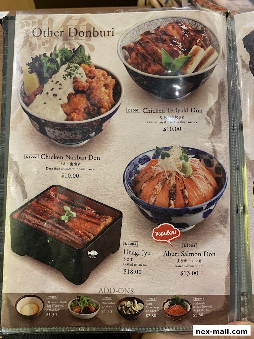A menu page showcasing various donburi dishes and add-ons from Aburi-EN Nex.