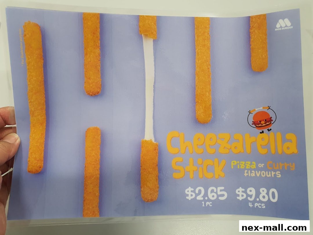 A menu item featuring Cheezarella Sticks from MOS Burger, available in Pizza or Curry flavors.