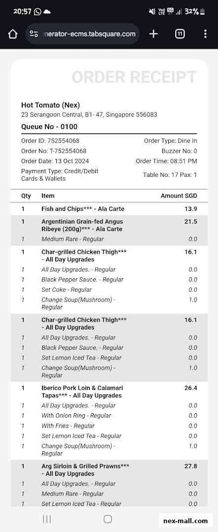 A digital order receipt from Hot Tomato (Nex) listing various food items and their prices.