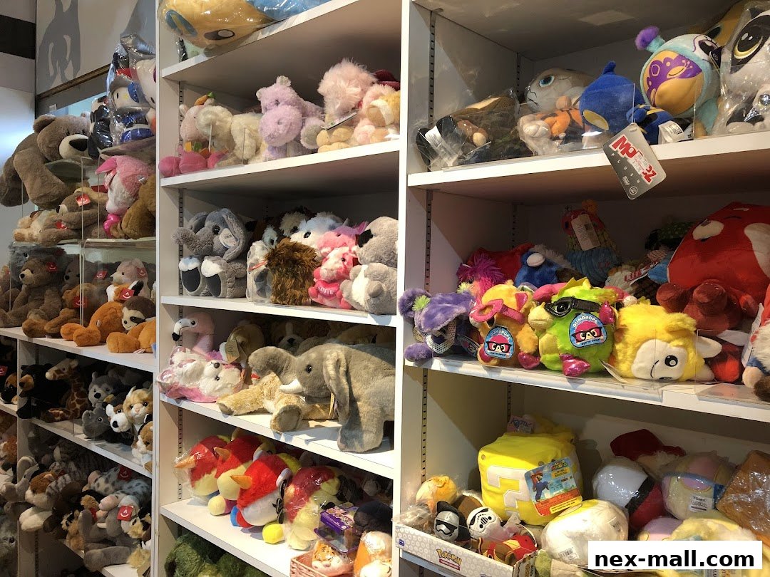 Shelves filled with a wide variety of colorful and plush stuffed animals.
