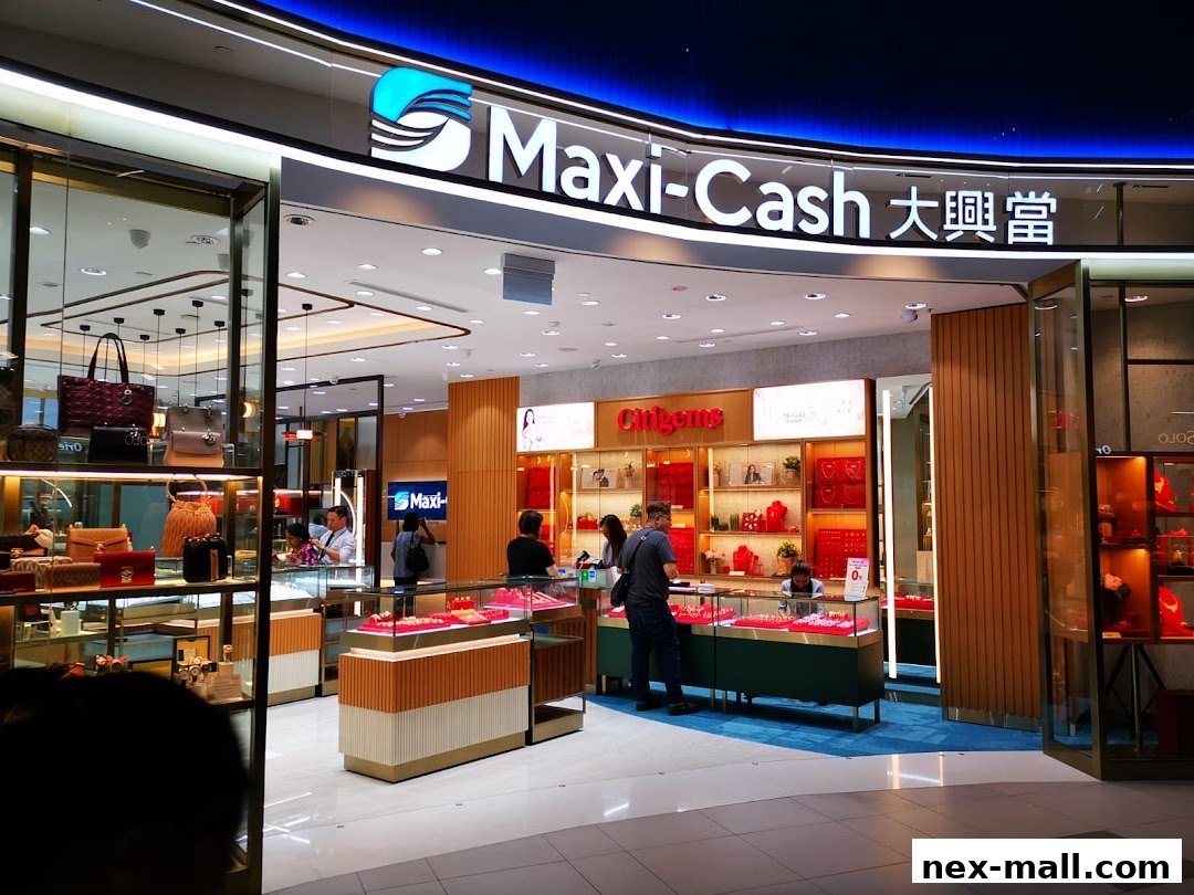 The entrance of Maxi-Cash NEX Serangoon, showcasing handbags and jewelry displays.