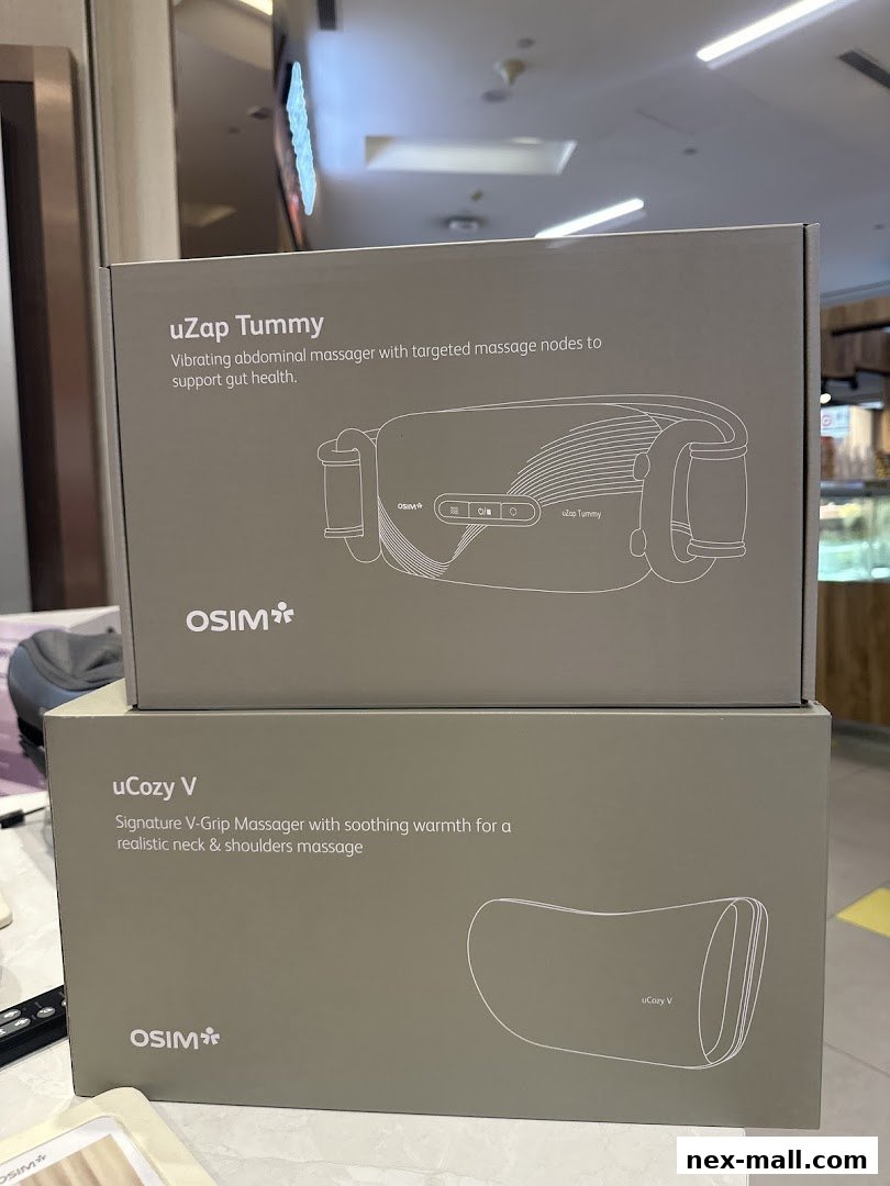 Two OSIM massage product boxes, uZap Tummy and uCozy V, are displayed.