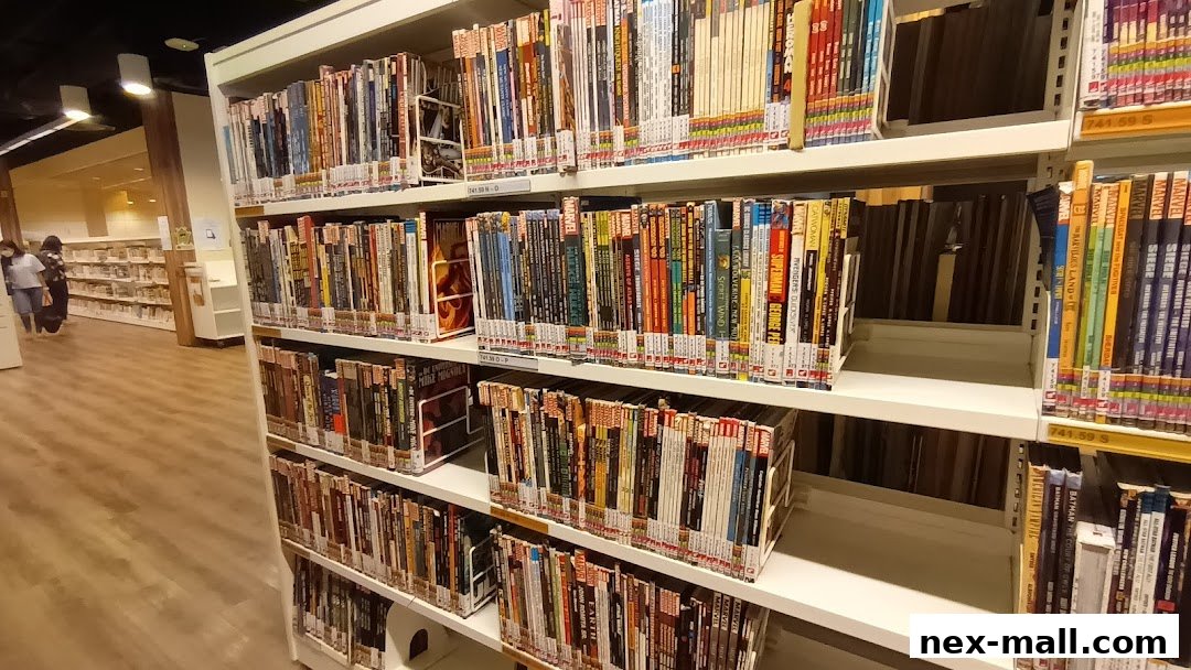 Shelves filled with comic books and graphic novels in a library setting.