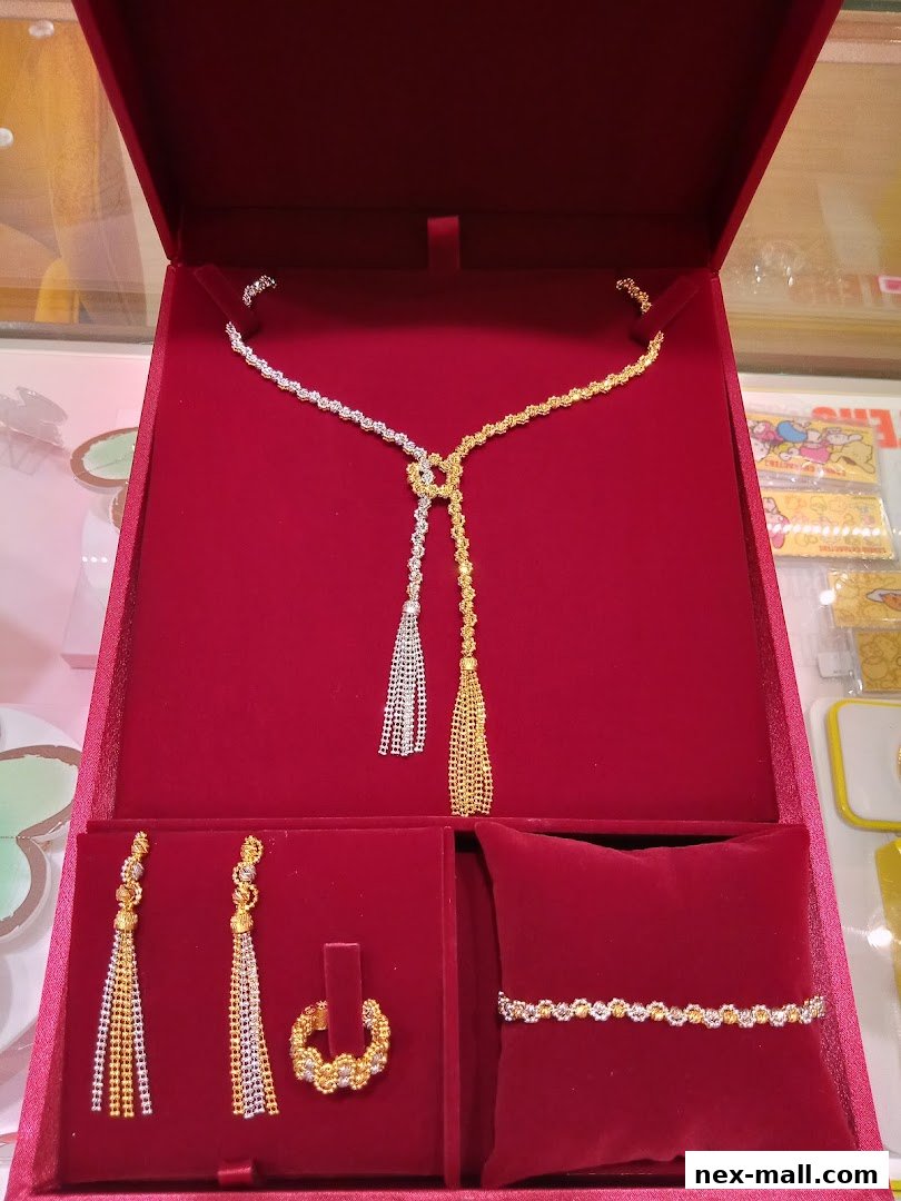 A jewelry set featuring a necklace, earrings, ring, and bracelet in a red display box.