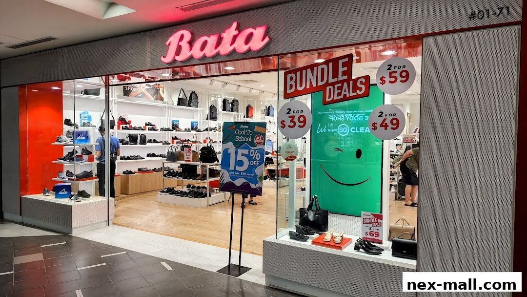 The Bata shoe store entrance displays various shoes and promotional signs for bundle deals and discounts.