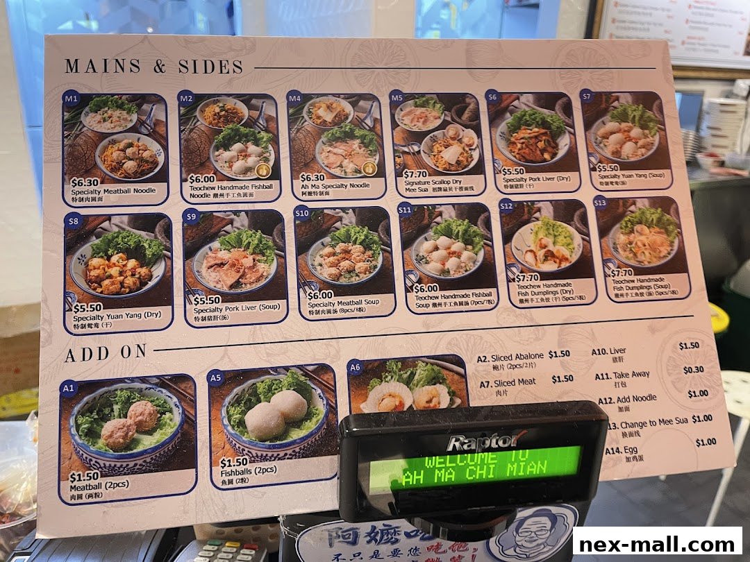 A menu board displaying various noodle dishes, sides, and add-ons with prices and images.