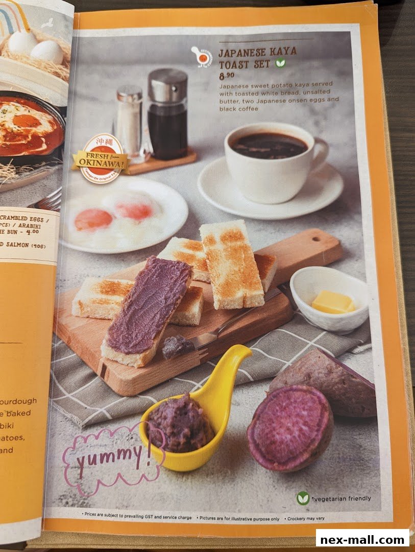 A menu item featuring Japanese Kaya Toast Set with sweet potato kaya, toast, eggs, and coffee.