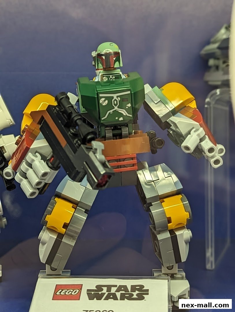 A LEGO Star Wars Boba Fett mech action figure displayed in a store.