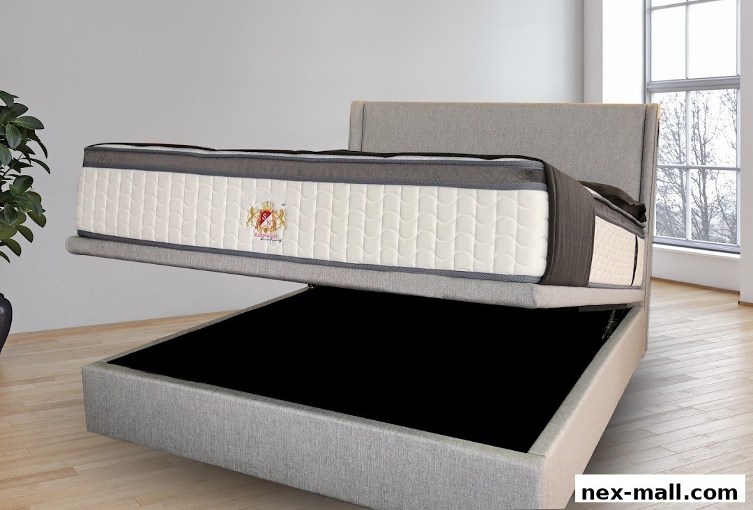 A modern bed with a mattress lifted to reveal storage space underneath.