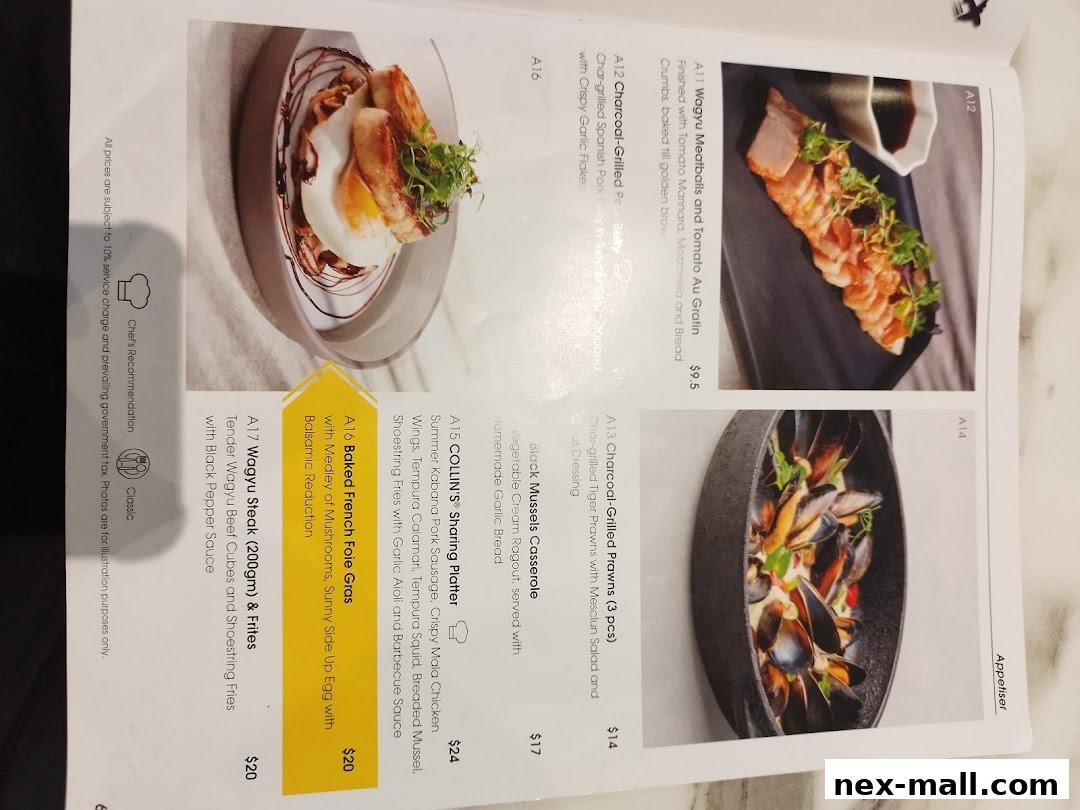 A menu page from COLLINS NEX featuring various dishes with appetizing photos and descriptions.