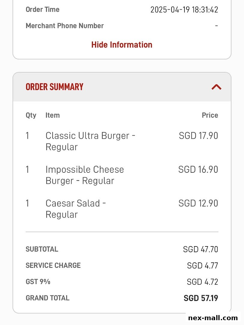 An order summary showing a classic ultra burger, impossible cheese burger, and caesar salad with prices.