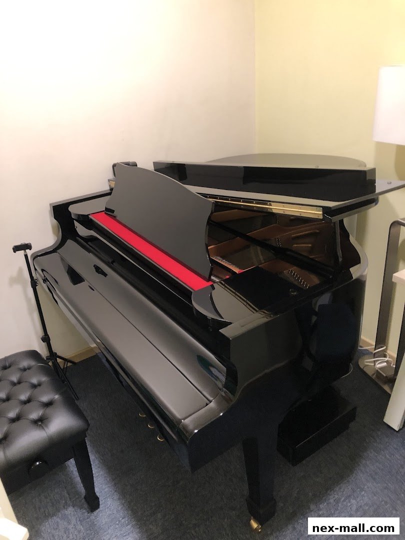 A black grand piano with a red accent and a piano bench in a room.
