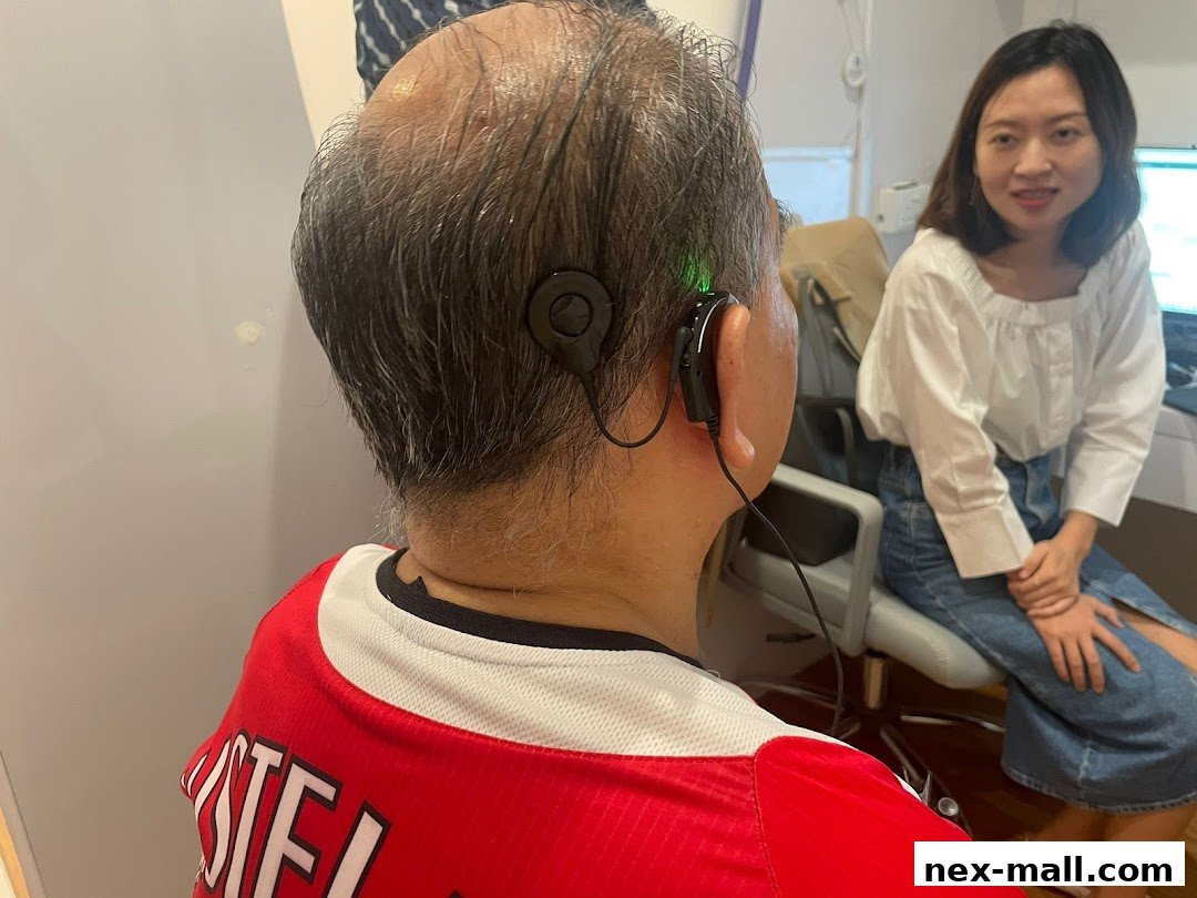 A person with a hearing aid is being assisted by a professional.