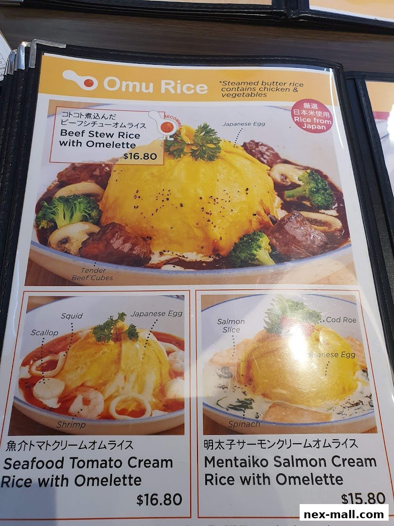 A menu showcasing three different Omu Rice dishes with detailed descriptions and prices.
