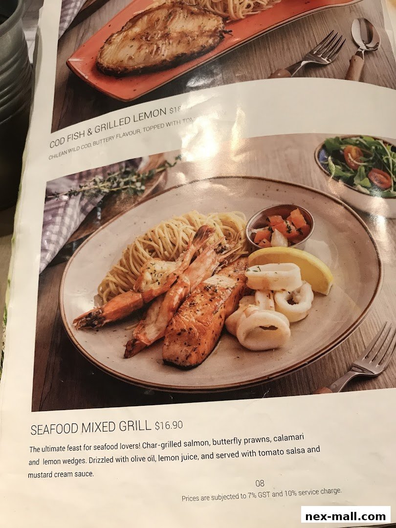 A menu featuring seafood dishes, including grilled cod and a mixed seafood grill.