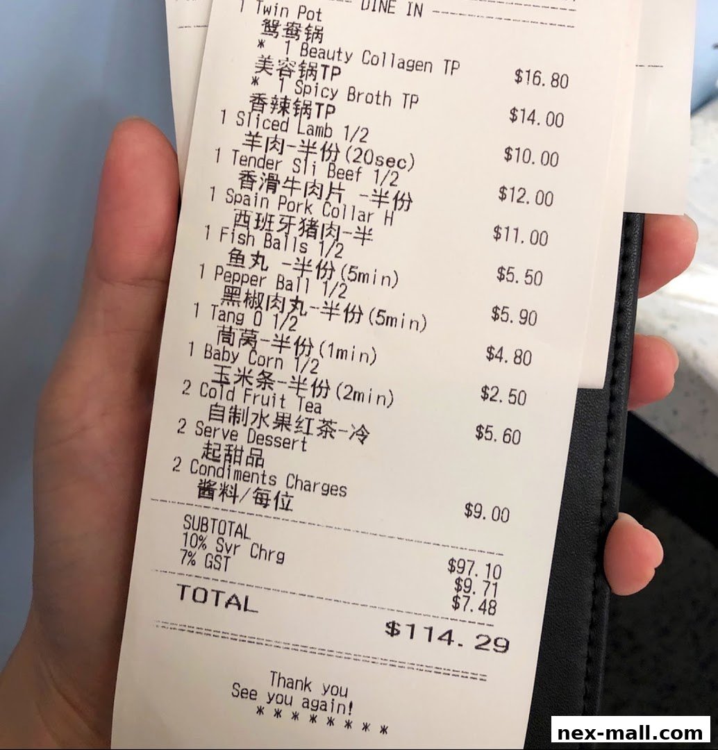 A receipt from Beauty in The Pot at NEX showing various hot pot ingredients and charges.