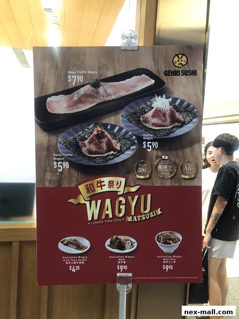 A promotional poster for Genki Sushi featuring various Wagyu beef dishes and their prices.