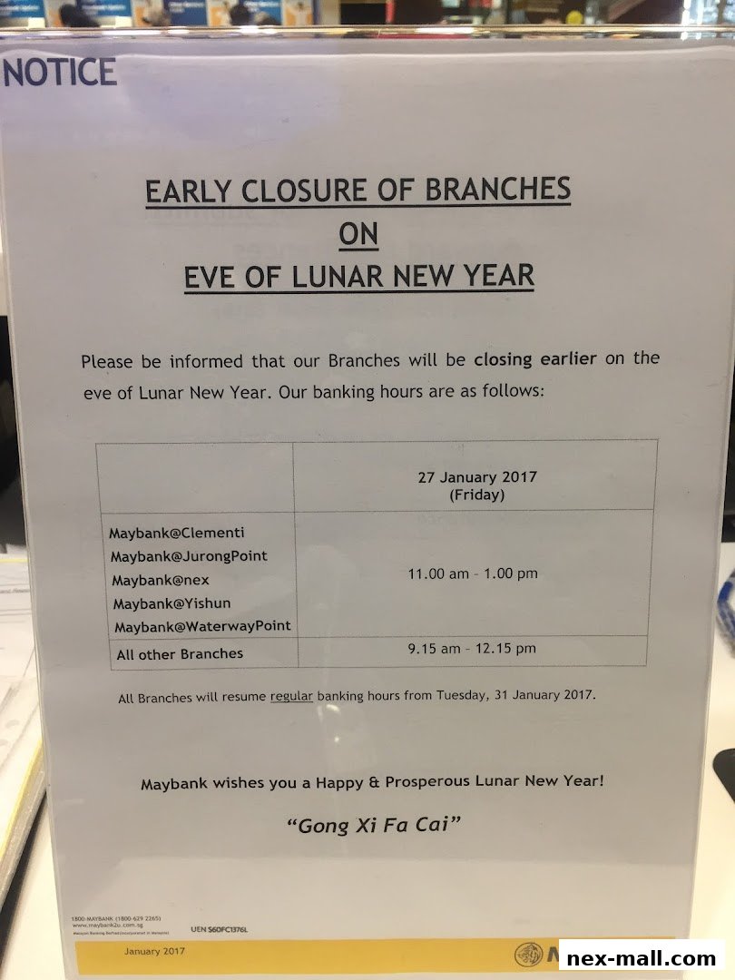 A notice about early closure of Maybank branches on the eve of Lunar New Year.