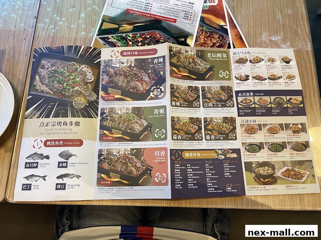 A menu for Riverside Canton Claypot Cuisine featuring grilled fish and various side dishes.