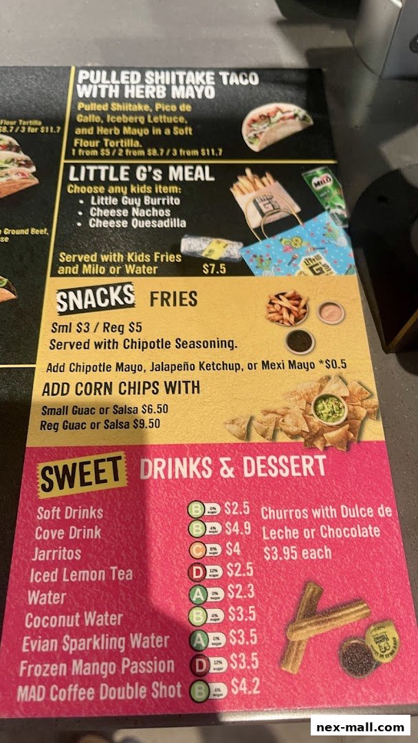 A menu from Guzman y Gomez featuring tacos, snacks, drinks, and desserts.