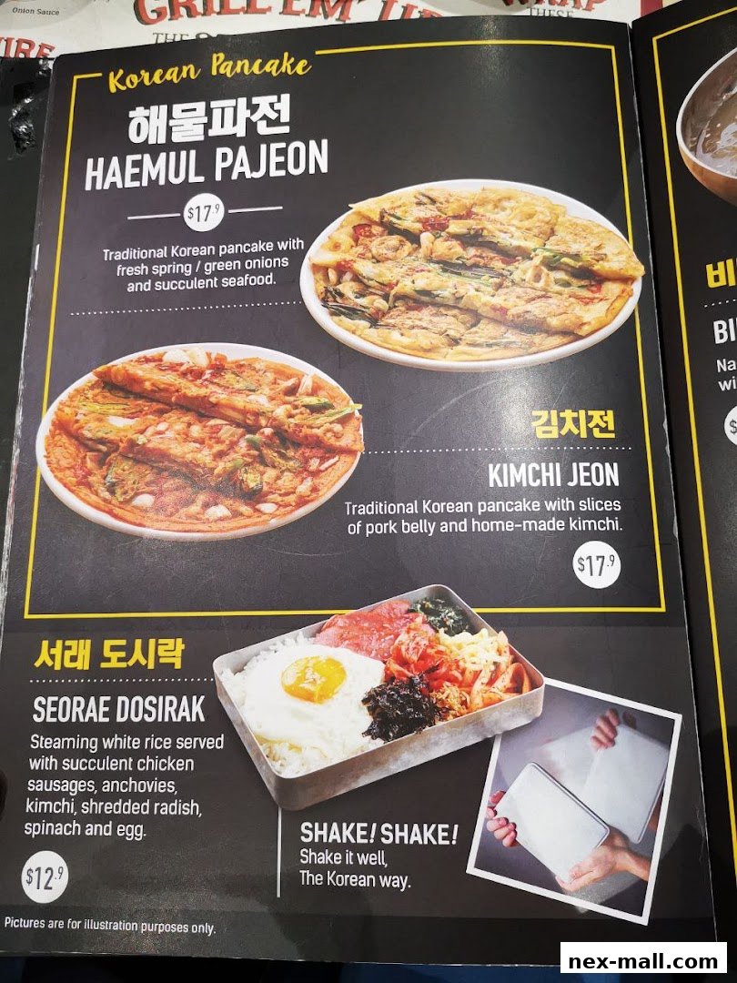 A menu featuring Korean pancakes and a bento box with descriptions and prices.