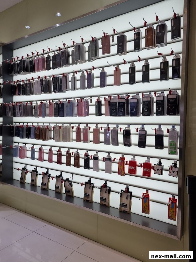 A wall display showcasing a wide variety of phone cases and accessories.