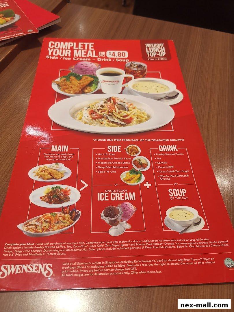 A Swensen's menu offering a complete meal deal with main, side, and drink/ice cream/soup options.