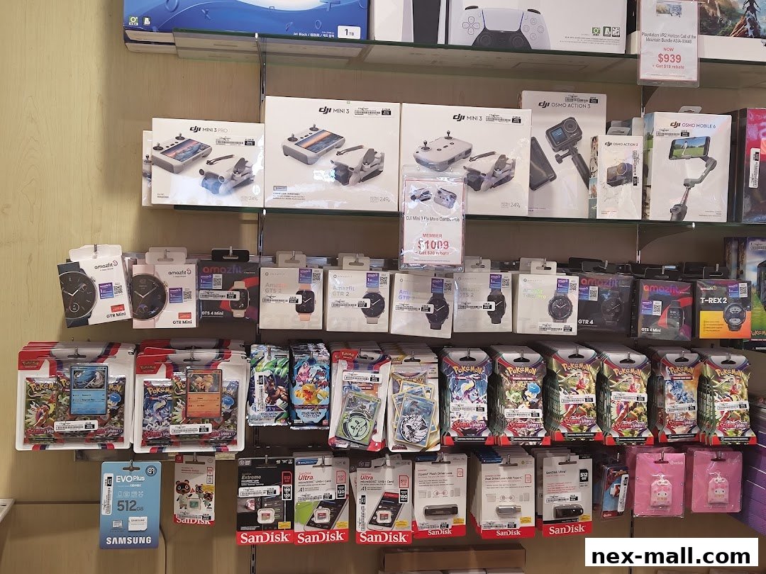 Shelves stocked with electronics like drones, smartwatches, and gaming accessories.
